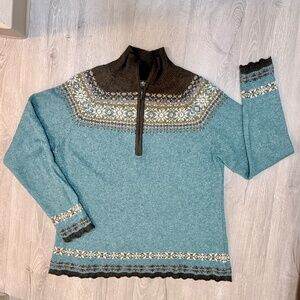 Eddie Bauer Collectibles Nordic 1/4 Zip Sweater XL Tall Teal Brown Fair Isle Kni